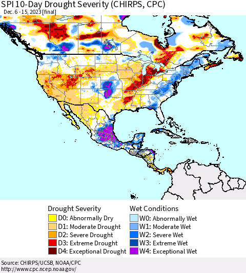 North America SPI 10-Day Drought Severity (CHIRPS) Thematic Map For 12/6/2023 - 12/15/2023