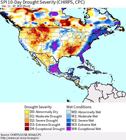 North America SPI 10-Day Drought Severity (CHIRPS) Thematic Map For 12/11/2023 - 12/20/2023