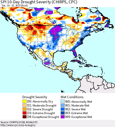 North America SPI 10-Day Drought Severity (CHIRPS) Thematic Map For 12/16/2023 - 12/25/2023