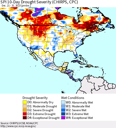 North America SPI 10-Day Drought Severity (CHIRPS) Thematic Map For 12/21/2023 - 12/31/2023