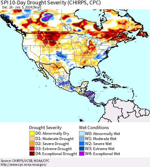 North America SPI 10-Day Drought Severity (CHIRPS) Thematic Map For 12/26/2023 - 1/5/2024