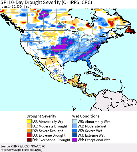 North America SPI 10-Day Drought Severity (CHIRPS) Thematic Map For 1/1/2024 - 1/10/2024