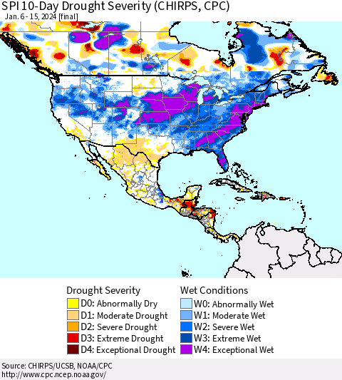 North America SPI 10-Day Drought Severity (CHIRPS) Thematic Map For 1/6/2024 - 1/15/2024