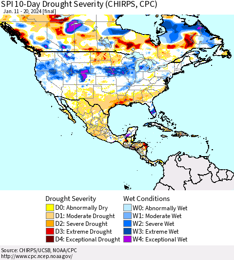 North America SPI 10-Day Drought Severity (CHIRPS) Thematic Map For 1/11/2024 - 1/20/2024