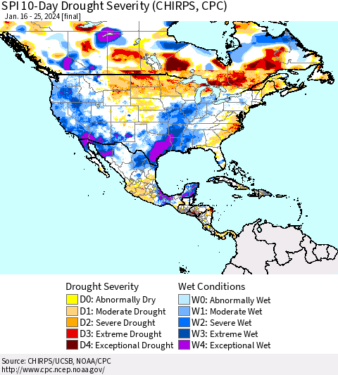 North America SPI 10-Day Drought Severity (CHIRPS) Thematic Map For 1/16/2024 - 1/25/2024