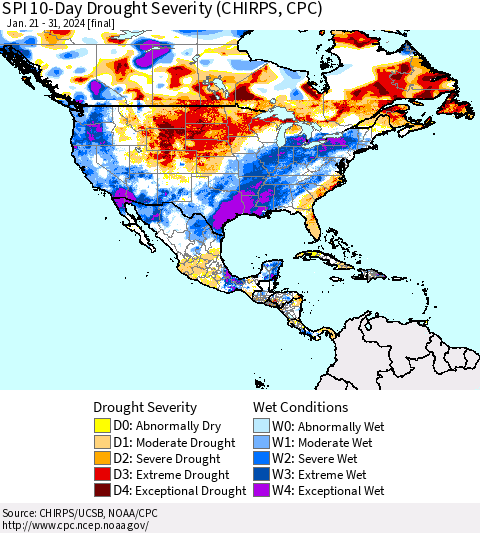 North America SPI 10-Day Drought Severity (CHIRPS) Thematic Map For 1/21/2024 - 1/31/2024