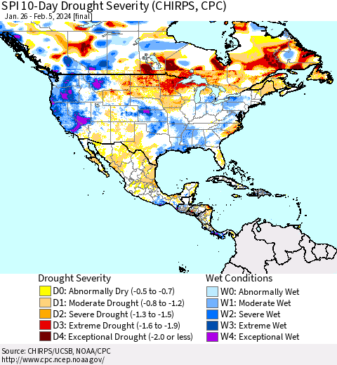 North America SPI 10-Day Drought Severity (CHIRPS) Thematic Map For 1/26/2024 - 2/5/2024