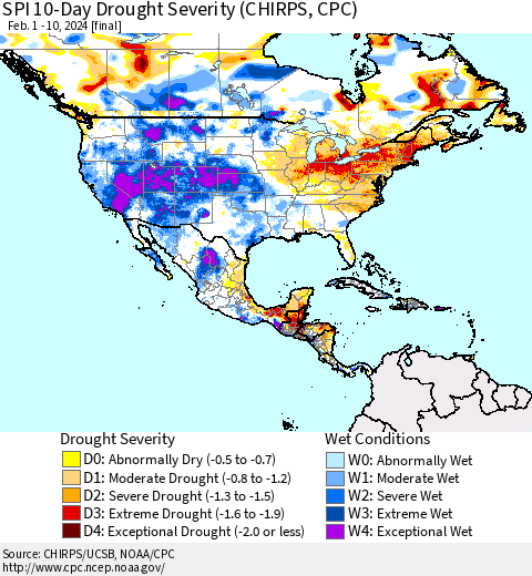 North America SPI 10-Day Drought Severity (CHIRPS) Thematic Map For 2/1/2024 - 2/10/2024