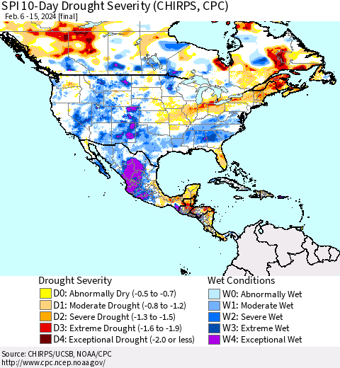 North America SPI 10-Day Drought Severity (CHIRPS) Thematic Map For 2/6/2024 - 2/15/2024