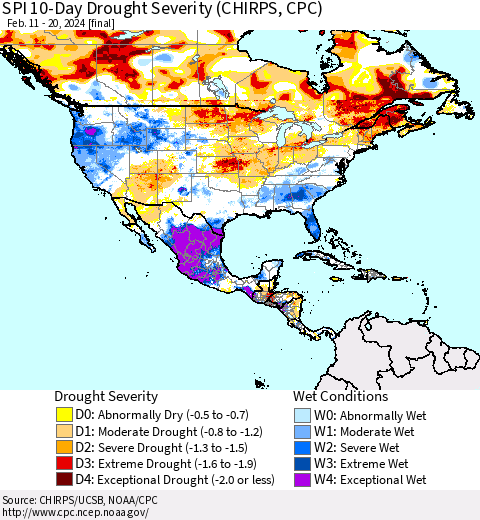 North America SPI 10-Day Drought Severity (CHIRPS) Thematic Map For 2/11/2024 - 2/20/2024