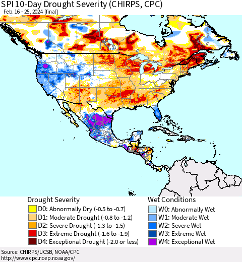 North America SPI 10-Day Drought Severity (CHIRPS) Thematic Map For 2/16/2024 - 2/25/2024
