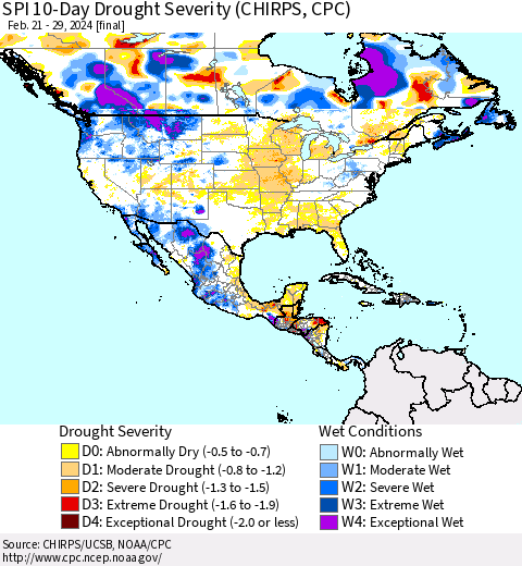 North America SPI 10-Day Drought Severity (CHIRPS) Thematic Map For 2/21/2024 - 2/29/2024