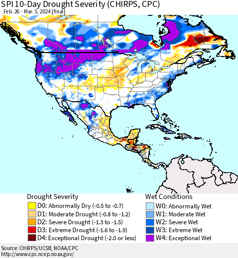 North America SPI 10-Day Drought Severity (CHIRPS) Thematic Map For 2/26/2024 - 3/5/2024