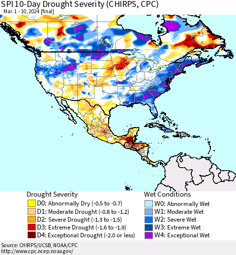 North America SPI 10-Day Drought Severity (CHIRPS) Thematic Map For 3/1/2024 - 3/10/2024