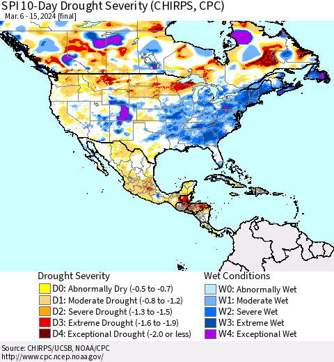North America SPI 10-Day Drought Severity (CHIRPS) Thematic Map For 3/6/2024 - 3/15/2024