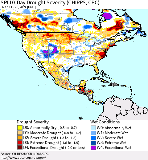 North America SPI 10-Day Drought Severity (CHIRPS) Thematic Map For 3/11/2024 - 3/20/2024