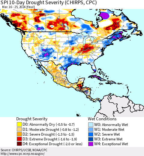 North America SPI 10-Day Drought Severity (CHIRPS) Thematic Map For 3/16/2024 - 3/25/2024