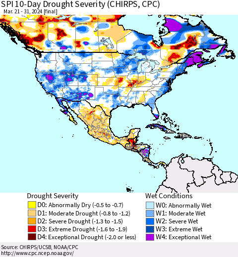 North America SPI 10-Day Drought Severity (CHIRPS) Thematic Map For 3/21/2024 - 3/31/2024