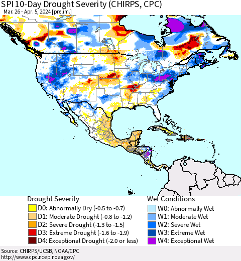 North America SPI 10-Day Drought Severity (CHIRPS) Thematic Map For 3/26/2024 - 4/5/2024