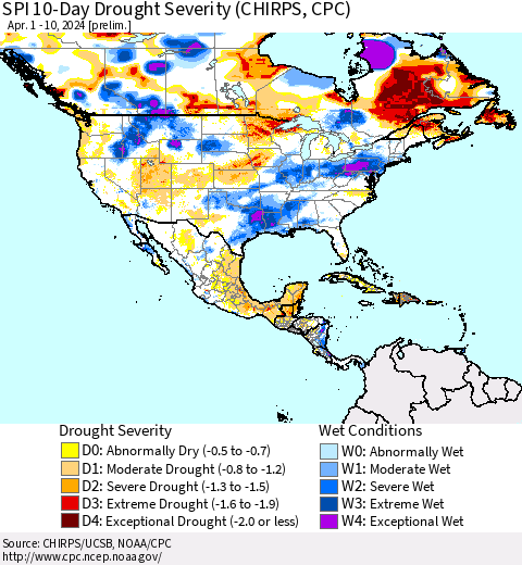 North America SPI 10-Day Drought Severity (CHIRPS) Thematic Map For 4/1/2024 - 4/10/2024