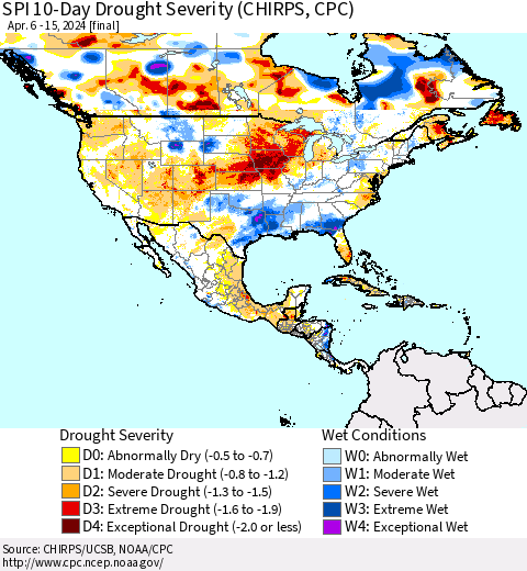 North America SPI 10-Day Drought Severity (CHIRPS) Thematic Map For 4/6/2024 - 4/15/2024
