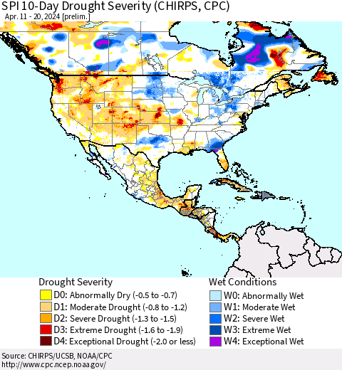 North America SPI 10-Day Drought Severity (CHIRPS) Thematic Map For 4/11/2024 - 4/20/2024