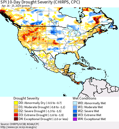 North America SPI 10-Day Drought Severity (CHIRPS) Thematic Map For 4/16/2024 - 4/25/2024