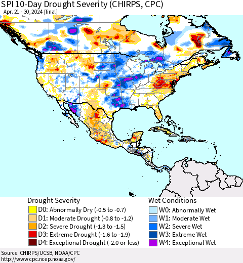North America SPI 10-Day Drought Severity (CHIRPS) Thematic Map For 4/21/2024 - 4/30/2024