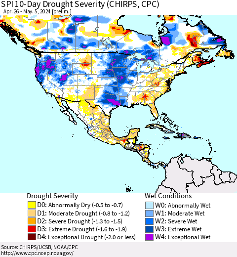 North America SPI 10-Day Drought Severity (CHIRPS) Thematic Map For 4/26/2024 - 5/5/2024