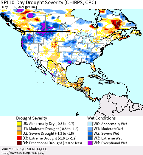 North America SPI 10-Day Drought Severity (CHIRPS) Thematic Map For 5/1/2024 - 5/10/2024
