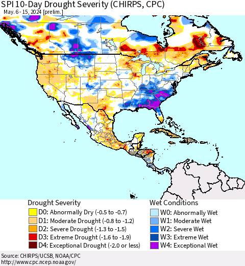 North America SPI 10-Day Drought Severity (CHIRPS) Thematic Map For 5/6/2024 - 5/15/2024