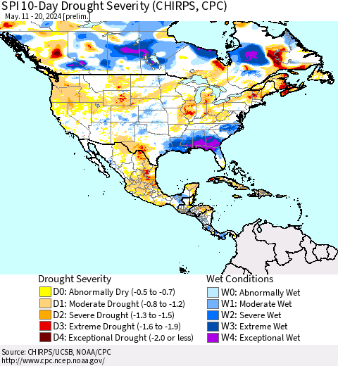 North America SPI 10-Day Drought Severity (CHIRPS) Thematic Map For 5/11/2024 - 5/20/2024