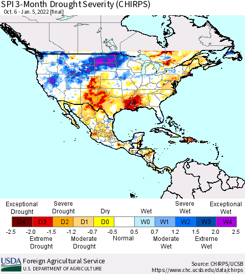 North America SPI 3-Month Drought Severity (CHIRPS) Thematic Map For 10/6/2021 - 1/5/2022