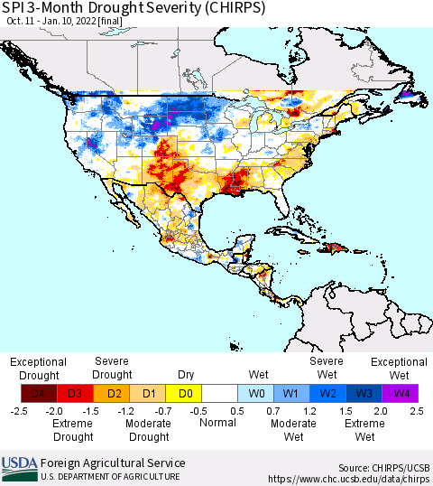 North America SPI 3-Month Drought Severity (CHIRPS) Thematic Map For 10/11/2021 - 1/10/2022