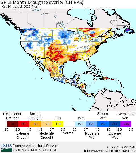 North America SPI 3-Month Drought Severity (CHIRPS) Thematic Map For 10/16/2021 - 1/15/2022