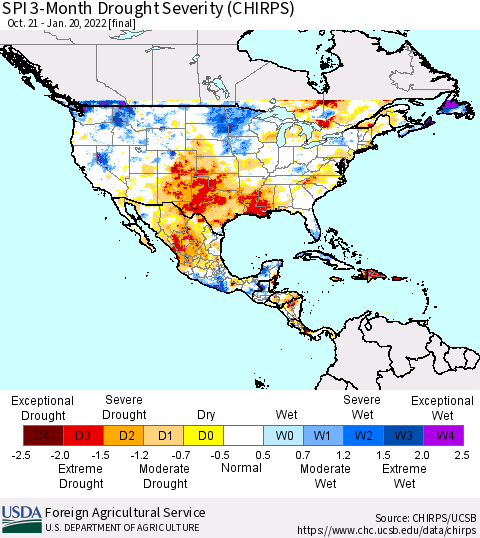 North America SPI 3-Month Drought Severity (CHIRPS) Thematic Map For 10/21/2021 - 1/20/2022