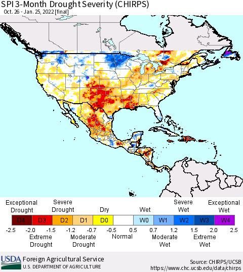 North America SPI 3-Month Drought Severity (CHIRPS) Thematic Map For 10/26/2021 - 1/25/2022