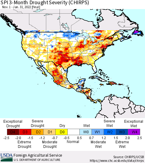 North America SPI 3-Month Drought Severity (CHIRPS) Thematic Map For 11/1/2021 - 1/31/2022