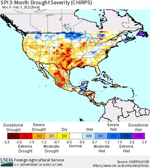 North America SPI 3-Month Drought Severity (CHIRPS) Thematic Map For 11/6/2021 - 2/5/2022
