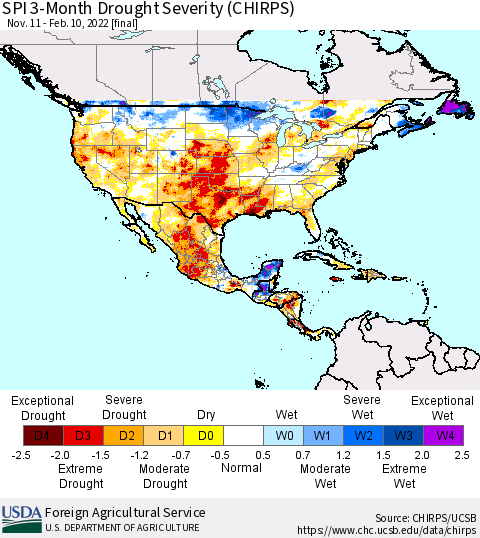 North America SPI 3-Month Drought Severity (CHIRPS) Thematic Map For 11/11/2021 - 2/10/2022