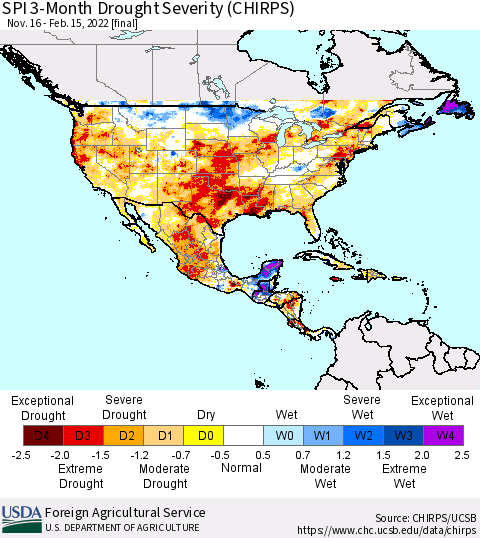 North America SPI 3-Month Drought Severity (CHIRPS) Thematic Map For 11/16/2021 - 2/15/2022