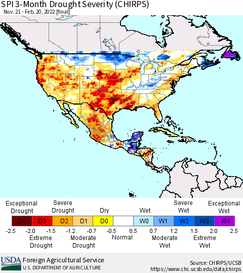 North America SPI 3-Month Drought Severity (CHIRPS) Thematic Map For 11/21/2021 - 2/20/2022