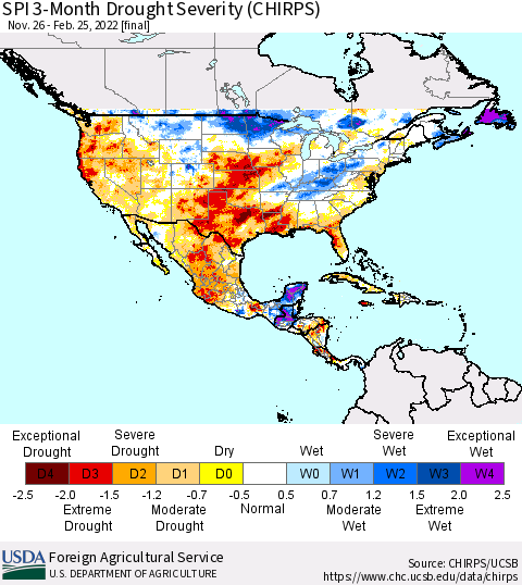 North America SPI 3-Month Drought Severity (CHIRPS) Thematic Map For 11/26/2021 - 2/25/2022