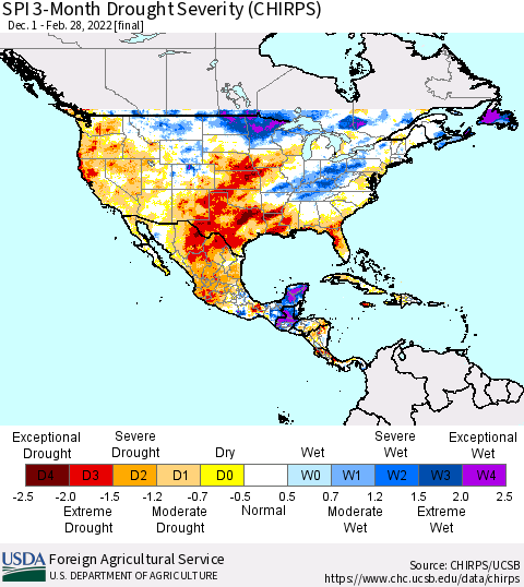 North America SPI 3-Month Drought Severity (CHIRPS) Thematic Map For 12/1/2021 - 2/28/2022