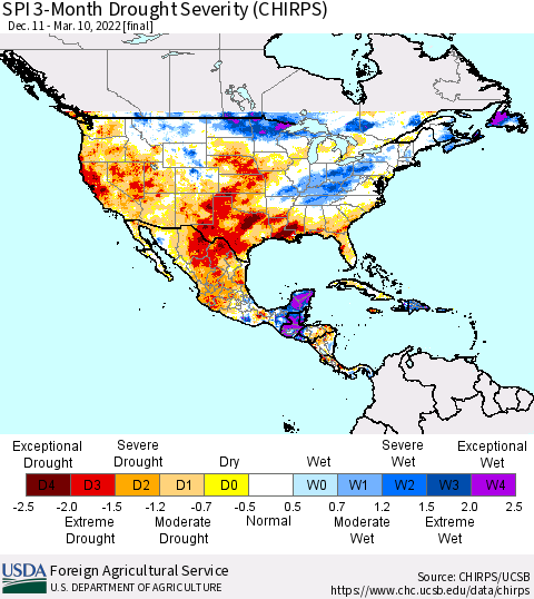 North America SPI 3-Month Drought Severity (CHIRPS) Thematic Map For 12/11/2021 - 3/10/2022