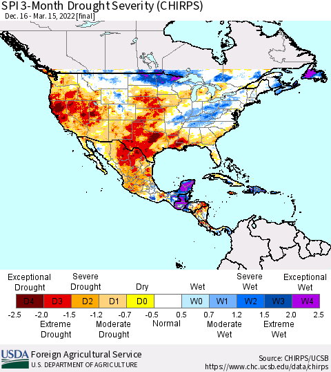 North America SPI 3-Month Drought Severity (CHIRPS) Thematic Map For 12/16/2021 - 3/15/2022
