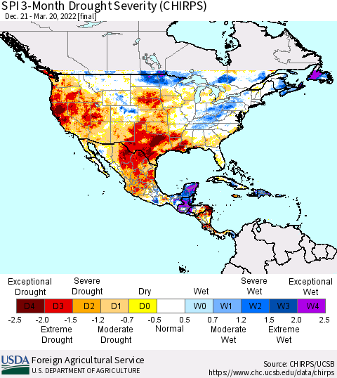 North America SPI 3-Month Drought Severity (CHIRPS) Thematic Map For 12/21/2021 - 3/20/2022