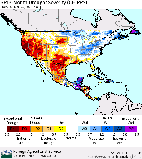 North America SPI 3-Month Drought Severity (CHIRPS) Thematic Map For 12/26/2021 - 3/25/2022