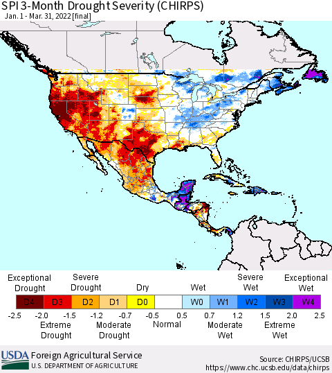 North America SPI 3-Month Drought Severity (CHIRPS) Thematic Map For 1/1/2022 - 3/31/2022