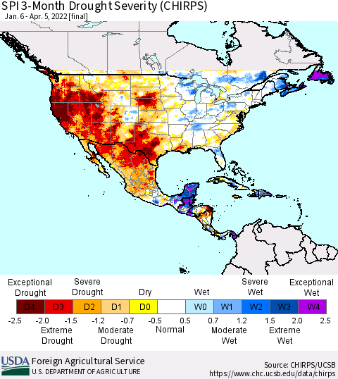North America SPI 3-Month Drought Severity (CHIRPS) Thematic Map For 1/6/2022 - 4/5/2022